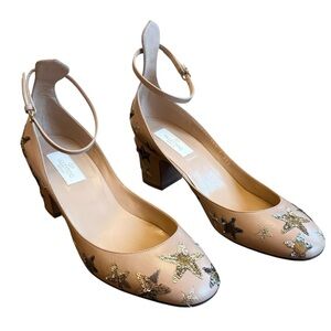 Valentino Garavani Tango Pumps Tan Beige Star Sequin Block Heel EU 39.5 US 9.5